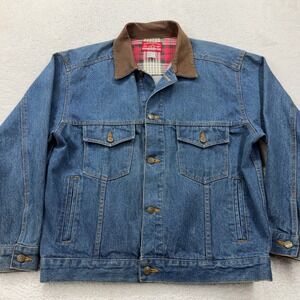 Marlboro Country Store Mens Blue Denim Flannel Lined Leather Collar Jacket 257